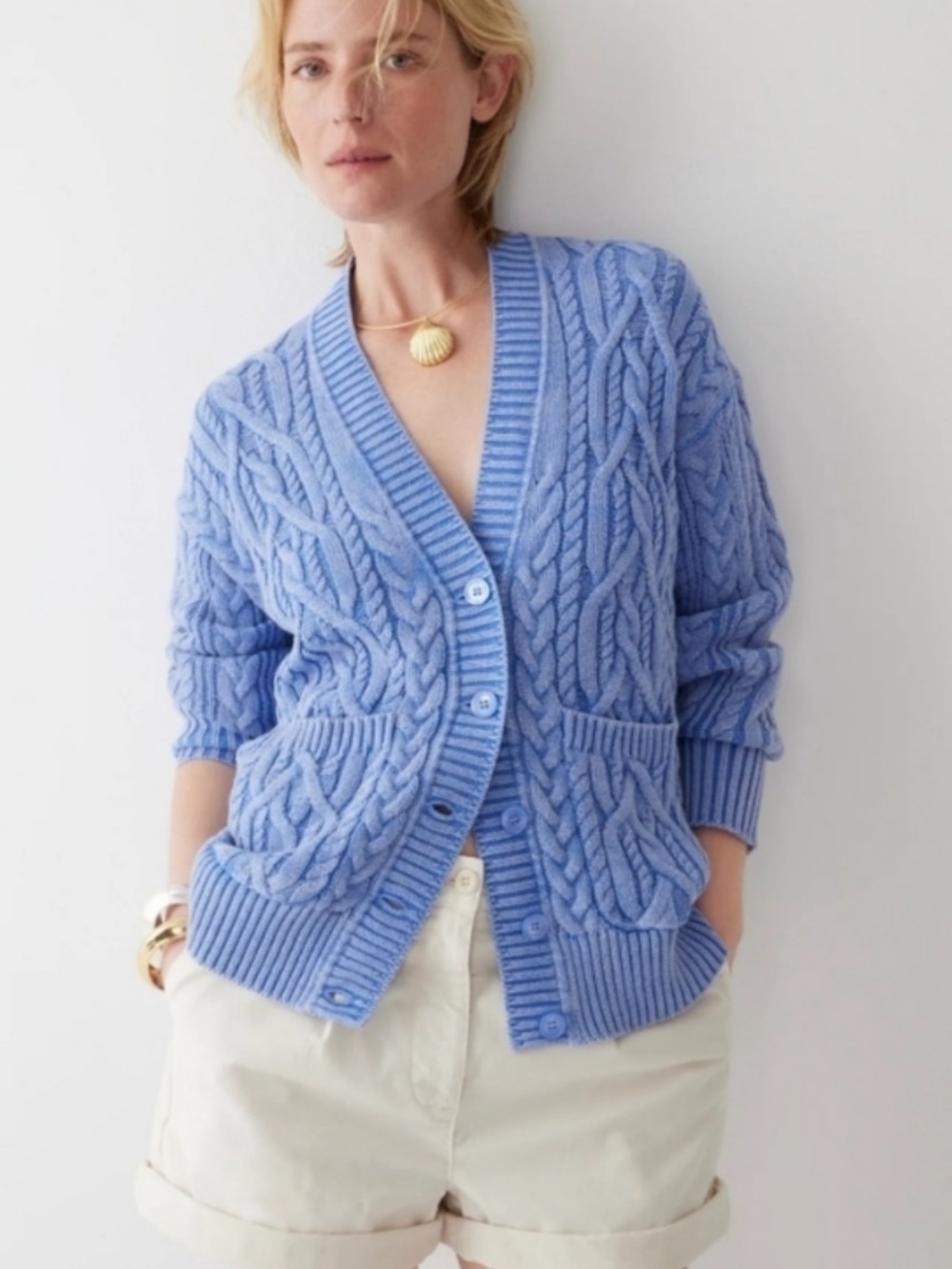 J. Crew Blue Cable Heritage Knit Cardigan Ocean Blue